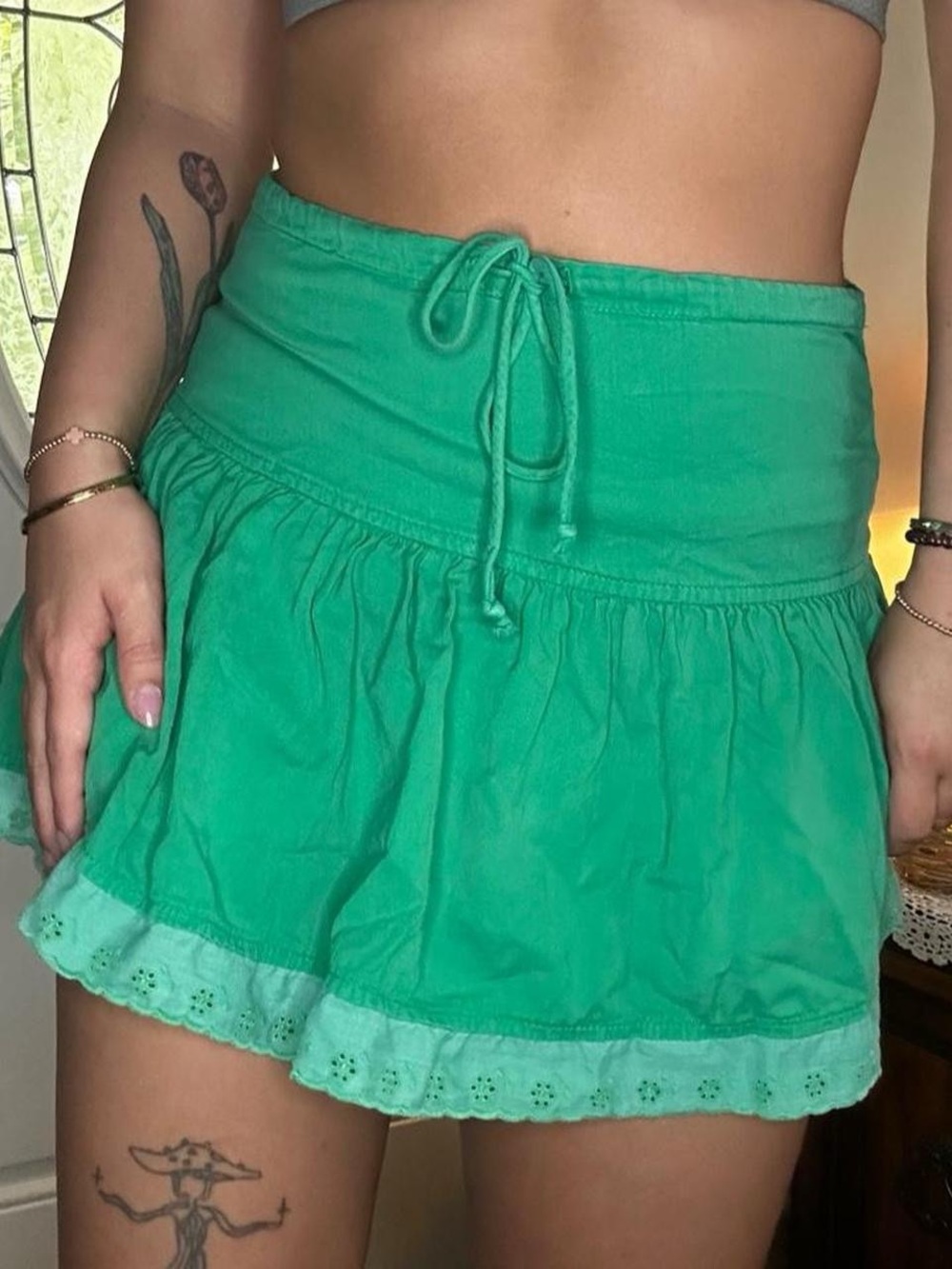 Drawstring Tiered Mini Skirt in Green